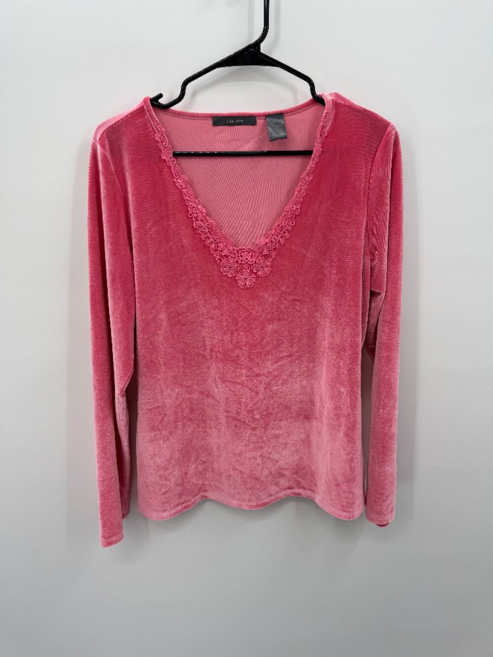 Vintage Liz Claiborne Pink Velour Top Womens Large Floral Lace V-Neck Y2K